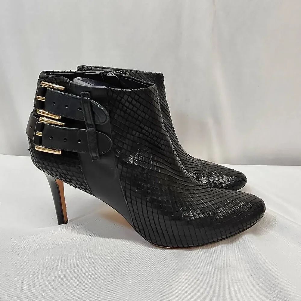 Ann Taylor Black Leather Ankle Boots 8.5M Snakeskin Embossed Buckle Heels